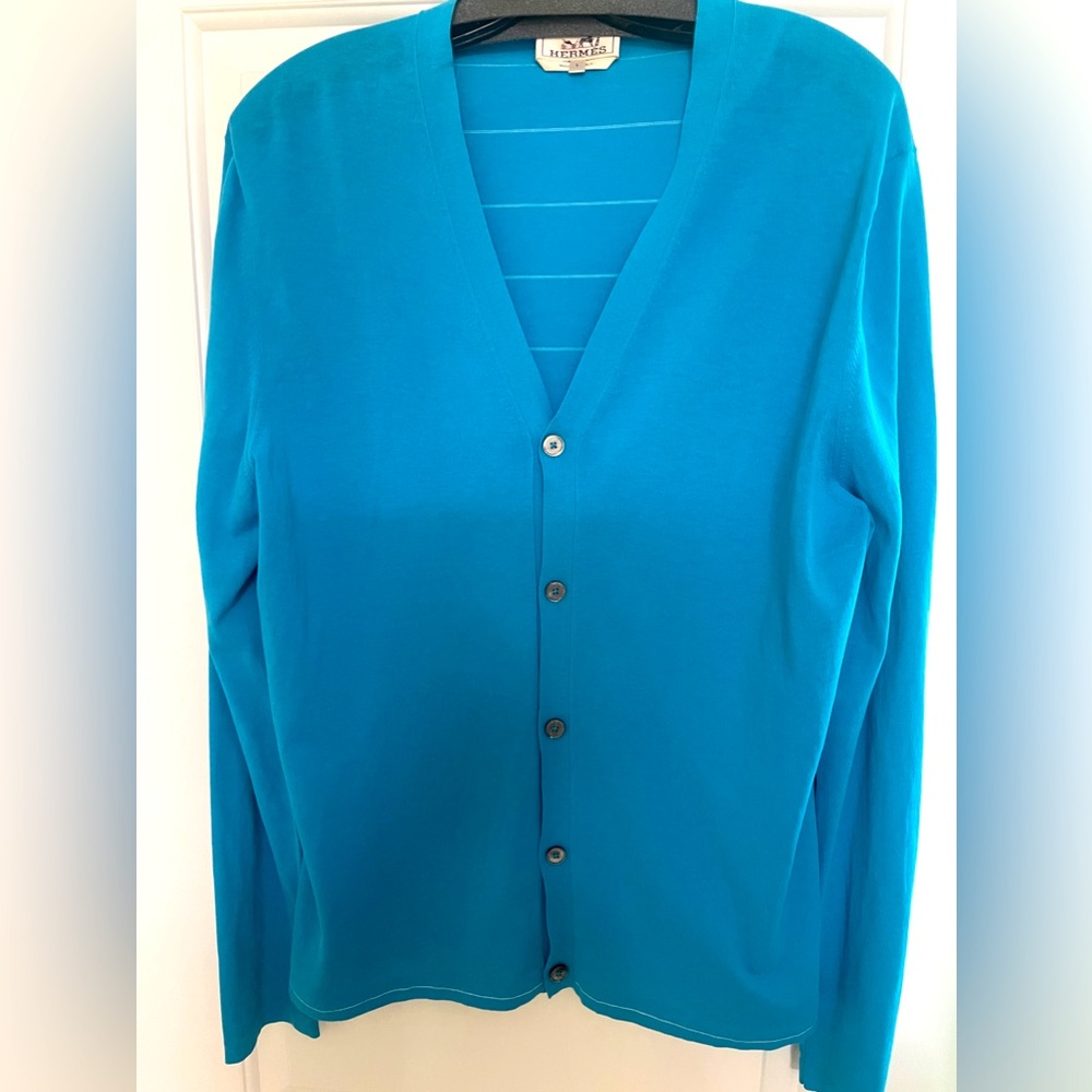 NEW Hermes V-Neck Cardigan in Aqua. Men’s L/Women’s XL